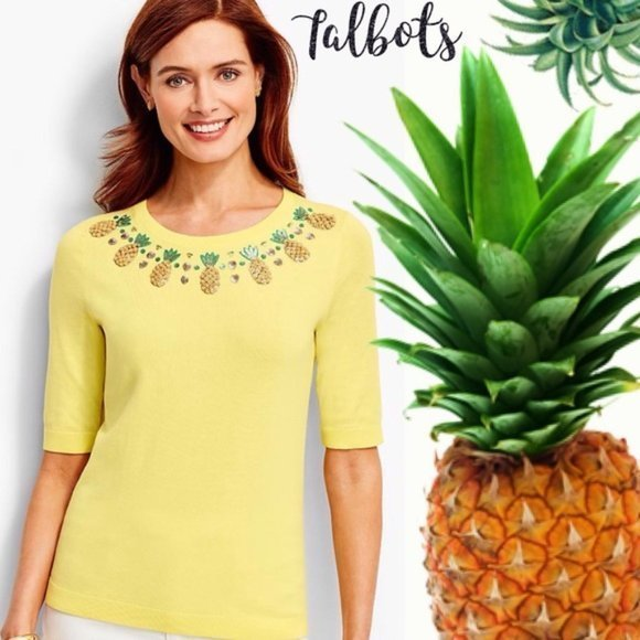 Talbots‎ Sequins Cotton Pineapple Beaded Hawaii Sweater Summer Jeweled Top Shirt - Picture 1 of 7